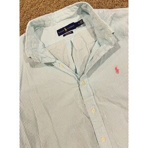 Ralph Lauren Casual Shirt Button Down XL‎ 90s Stripe Seersucker Mens Blue
